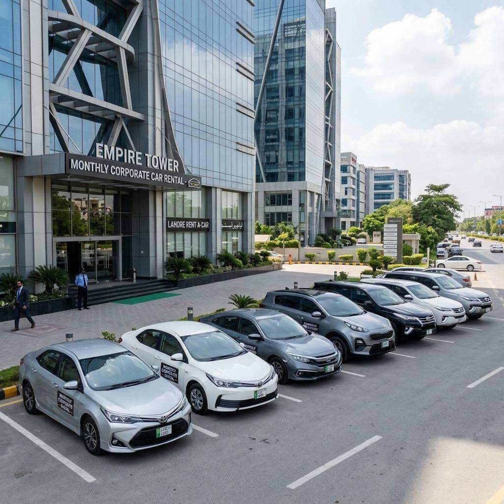 Fleet of rental cars at corporate office building in Lahore for monthly hire